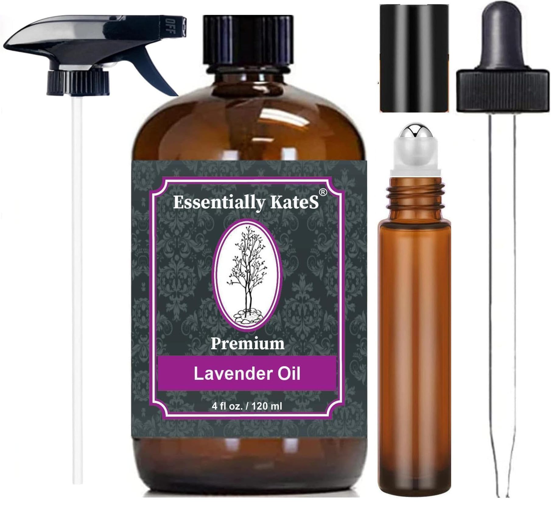 Essentially KateS lavender oil bottle with dropper for at-home aromatherapy and skincare.