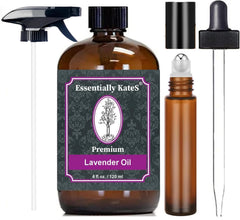 Essentially KateS lavender oil bottle with dropper for at-home aromatherapy and skincare.