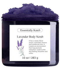 Essentially KateS Lavender Salt Scrub bottle offering spa-like exfoliation for silky skin.