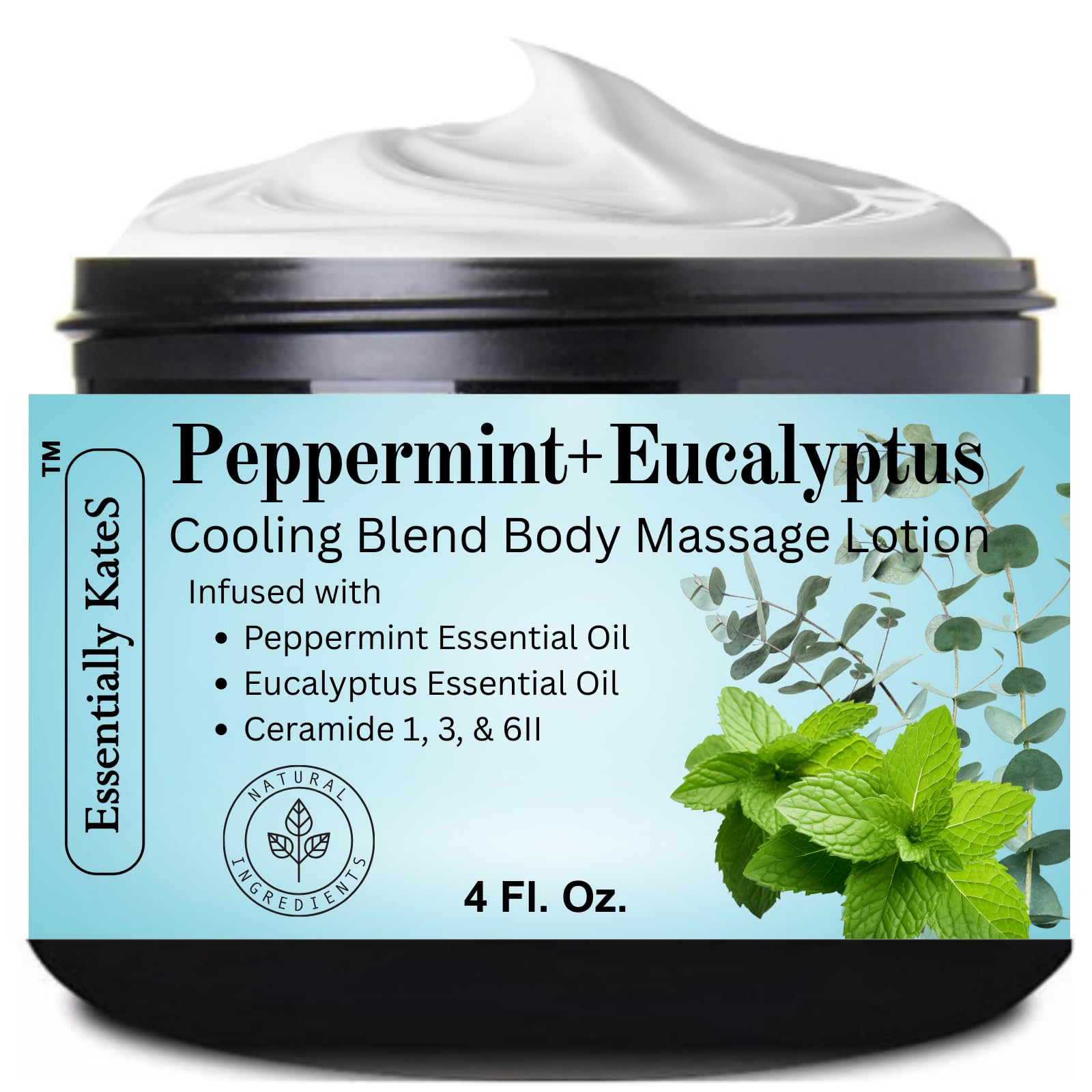 Essentially KateS Peppermint + Eucalyptus cooling cream bottle boosts refreshment and easy application.