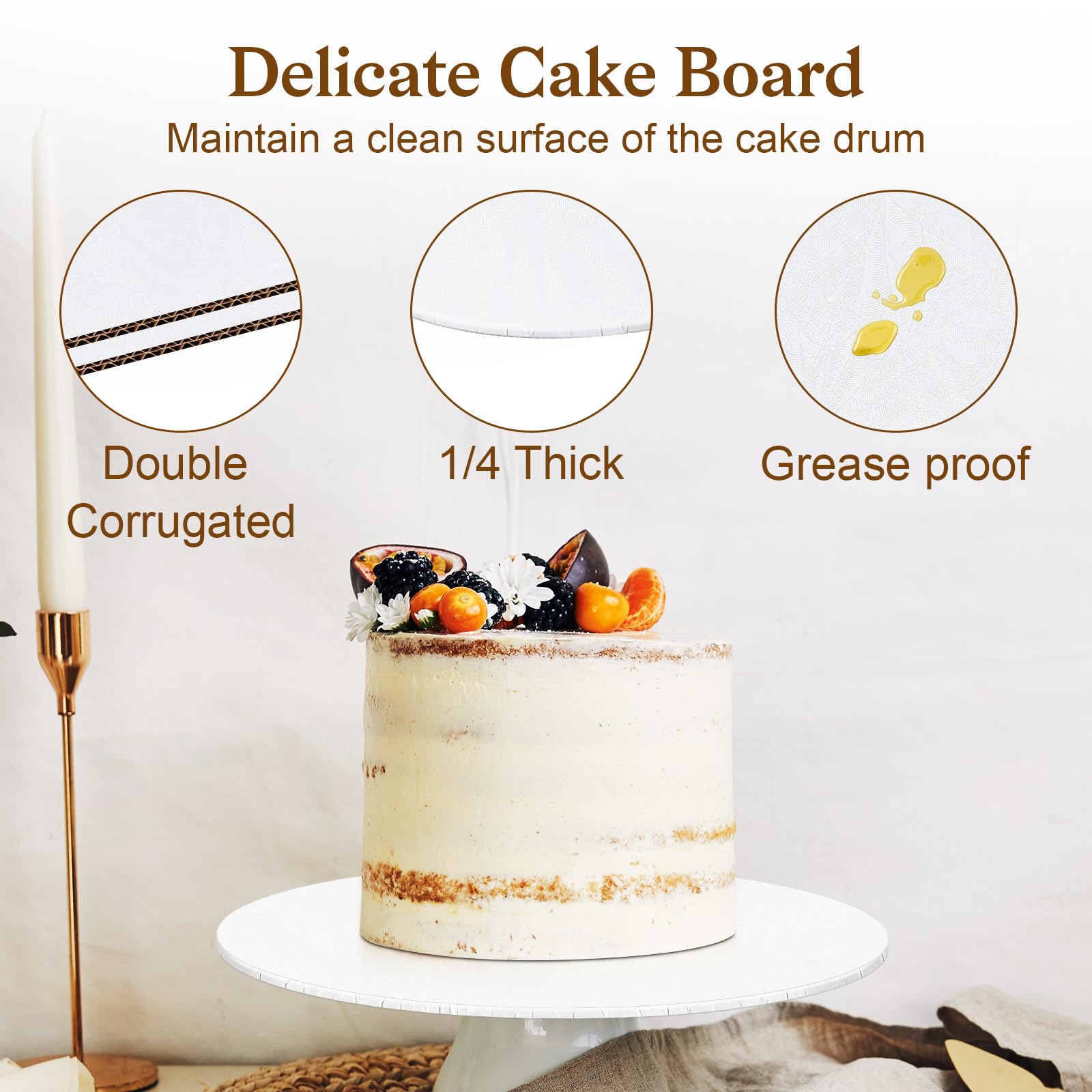 Essenya white-pattern cake board enhances event presentation.