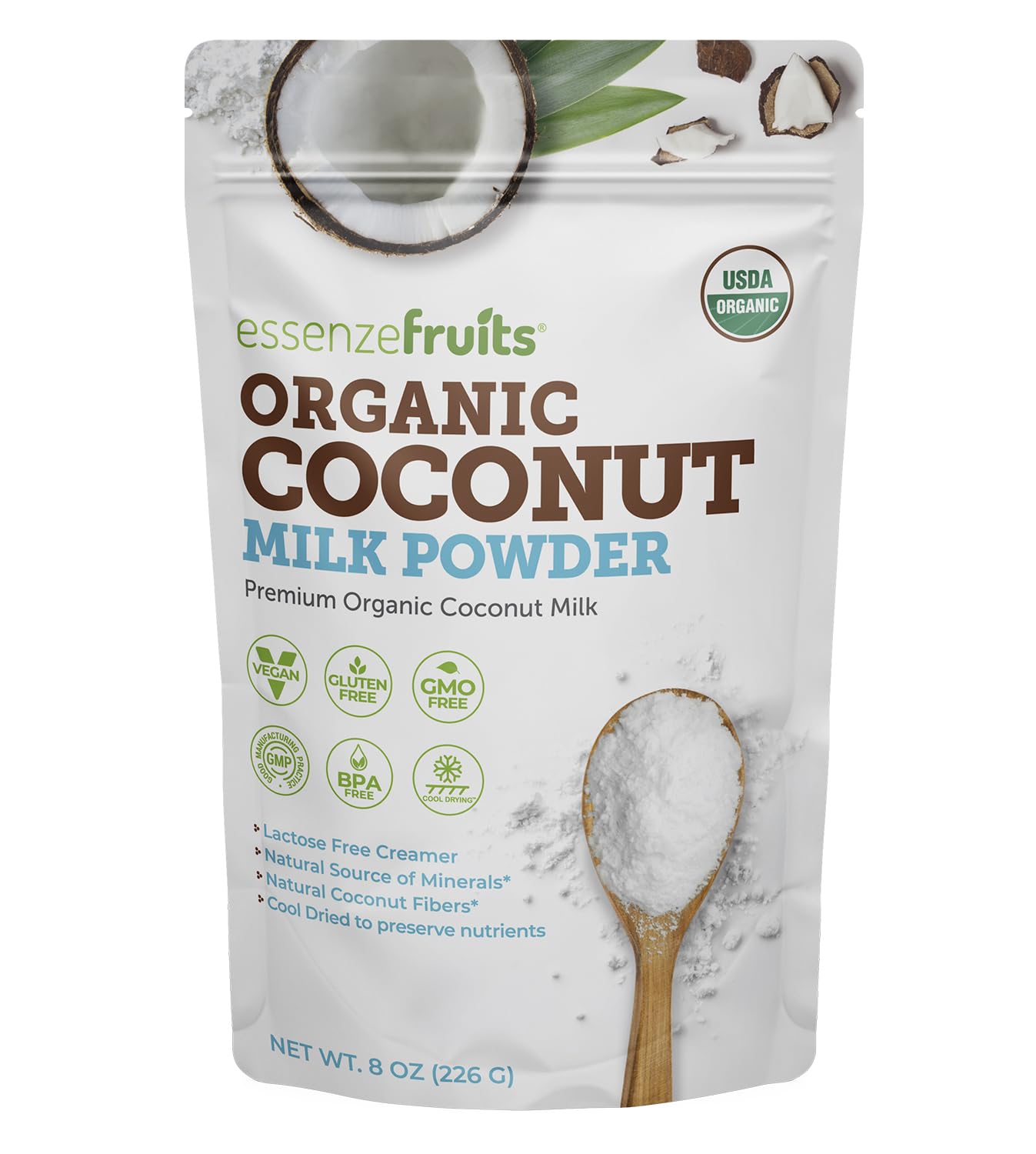 Essenzefruits Pure Organic Coconut Milk Powder packaging displays premium dairy‑free option