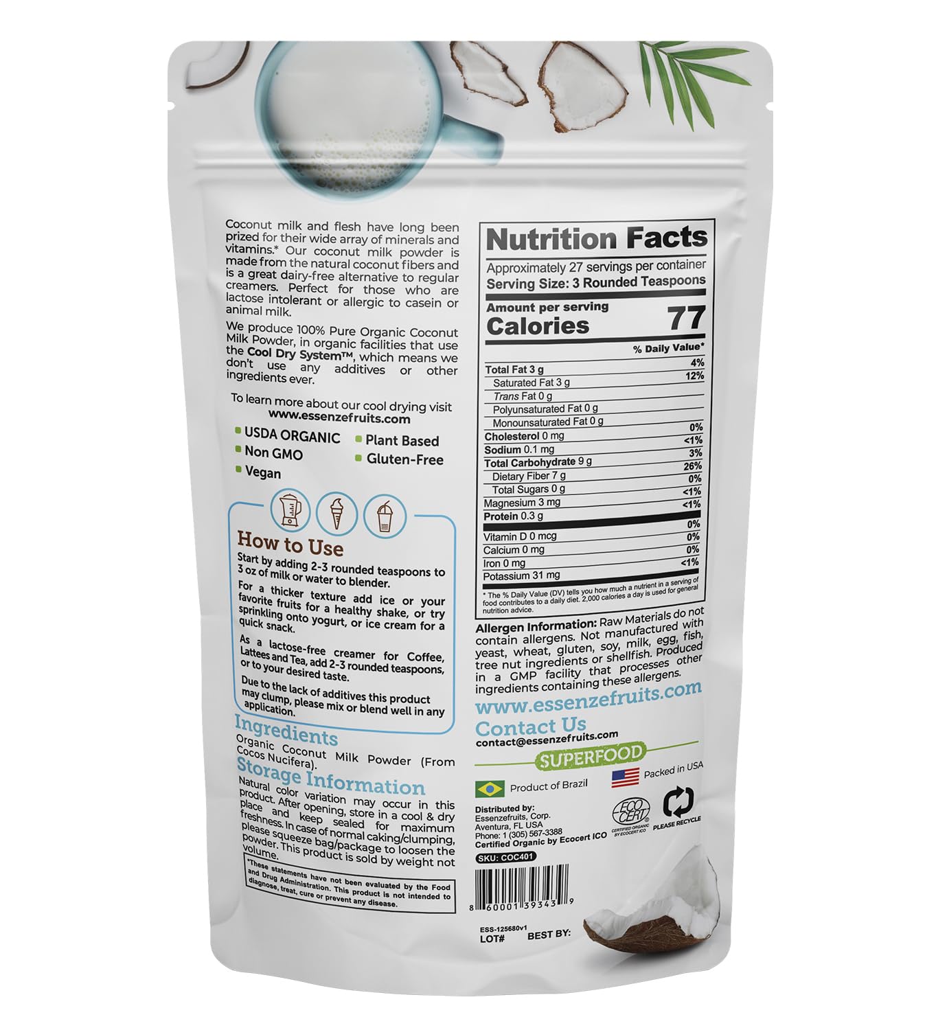 Essenzefruits coconut milk powder being poured into a glass for a dairy‑free drink