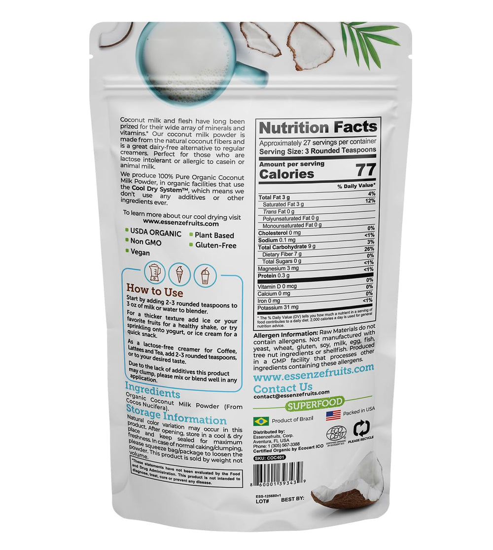 Essenzefruits coconut milk powder being poured into a glass for a dairy‑free drink