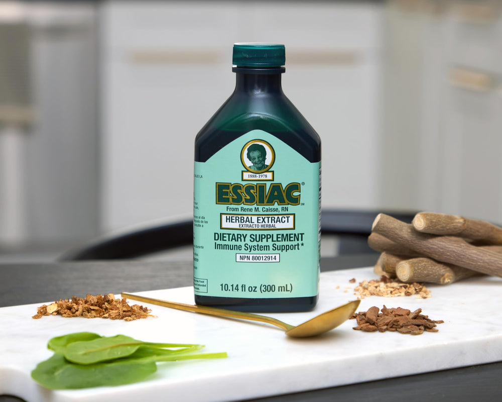 Essiac herbal blend bottle highlights the original 1922 formula heritage.