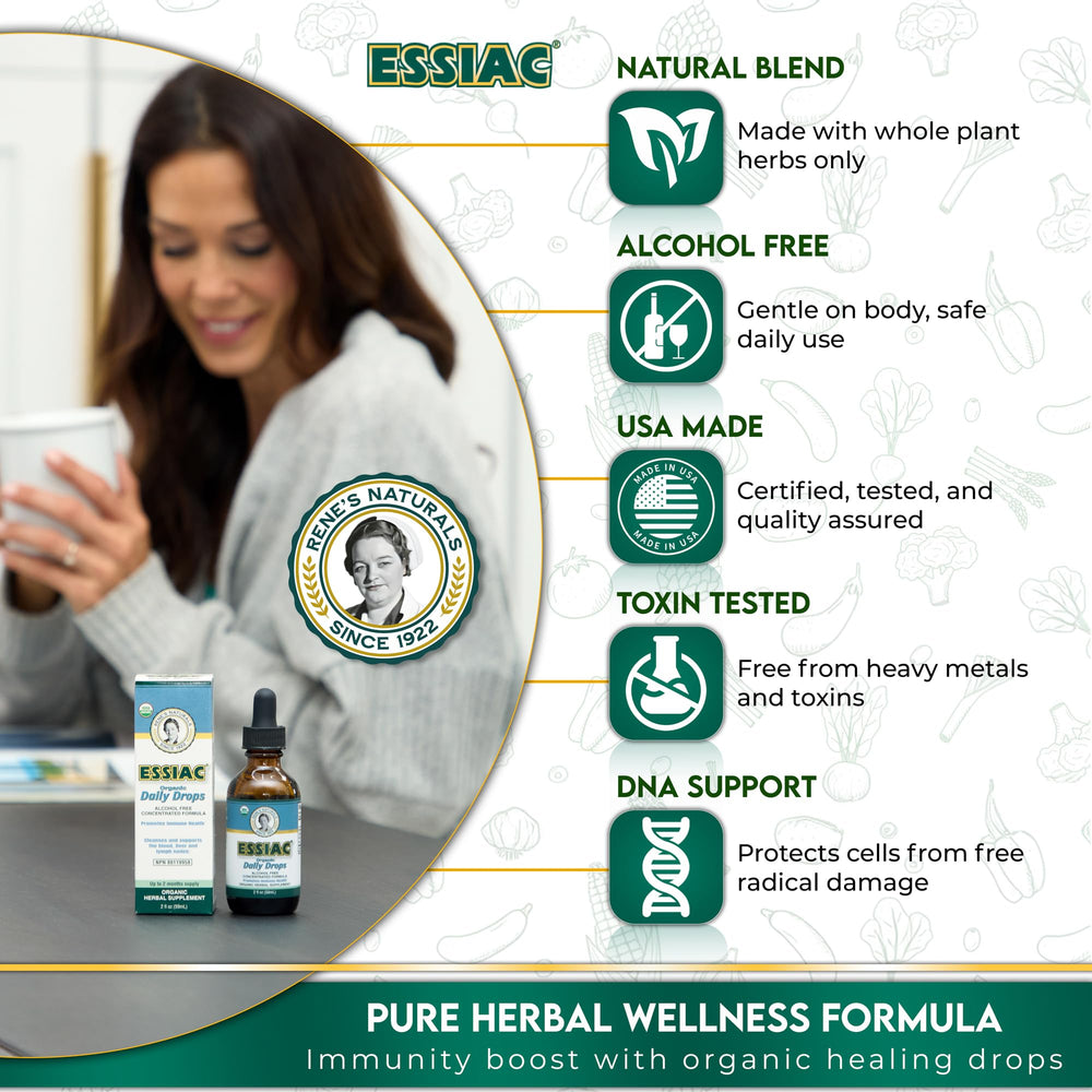 Essiac Original Tea bottle close-up with organic ingredients