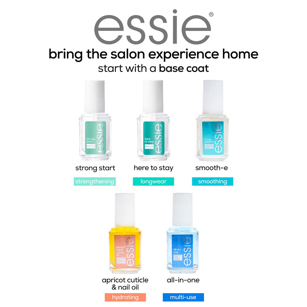 essie Here To Stay base coat applied at nail edge for stronger adhesion