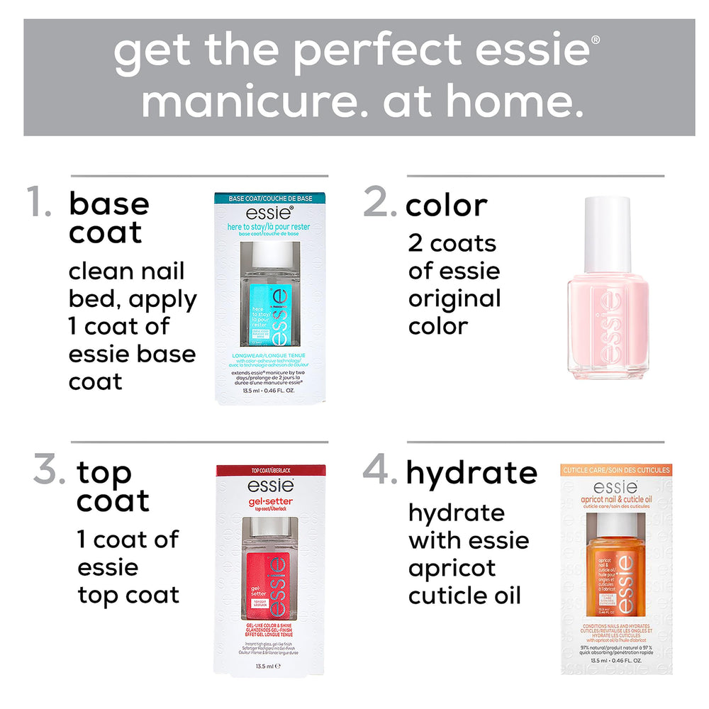 essie Here To Stay base coat bottle emphasizes vegan formula