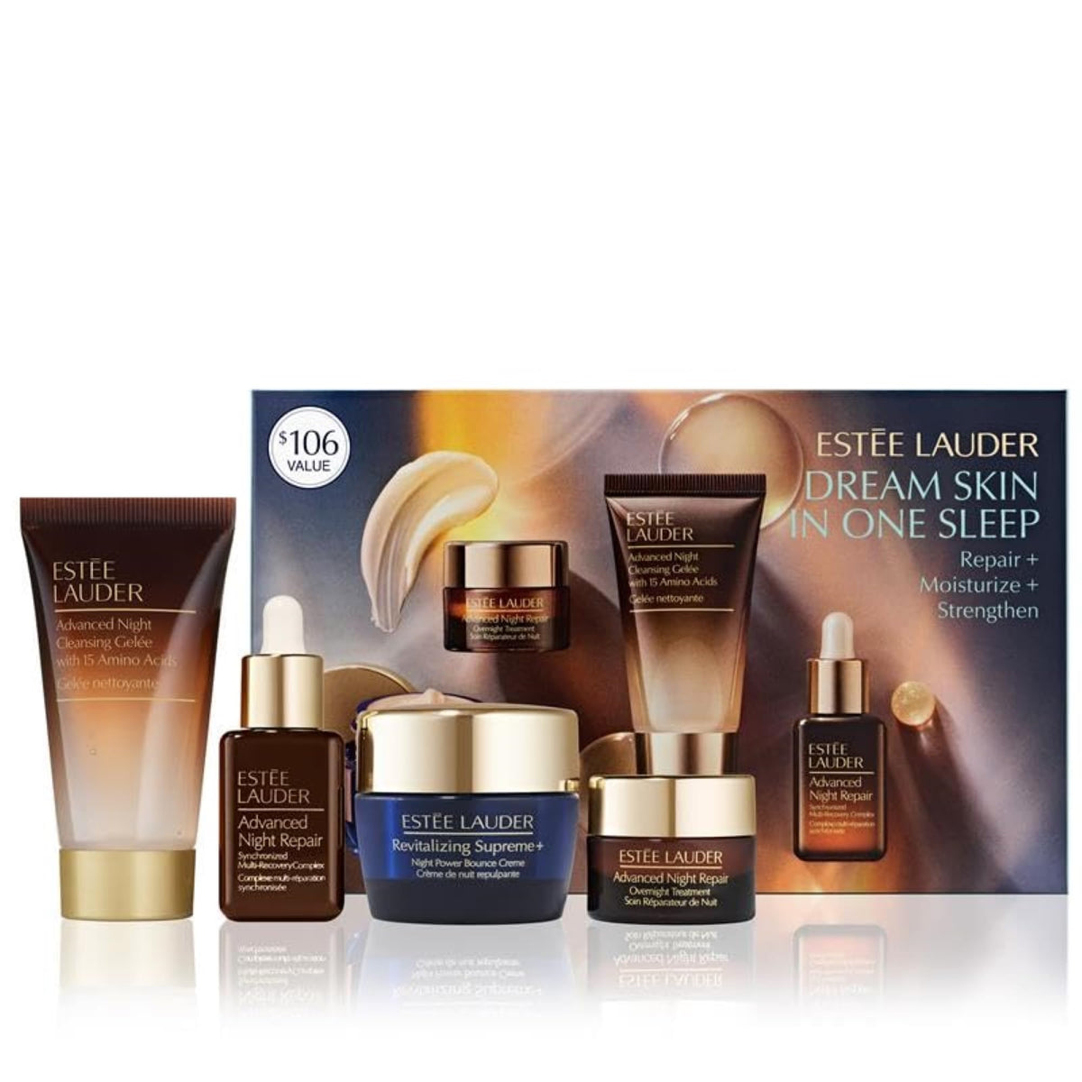 Estée Lauder Dream Skin In One Sleep set with deluxe travel sizes for nightly renewal.