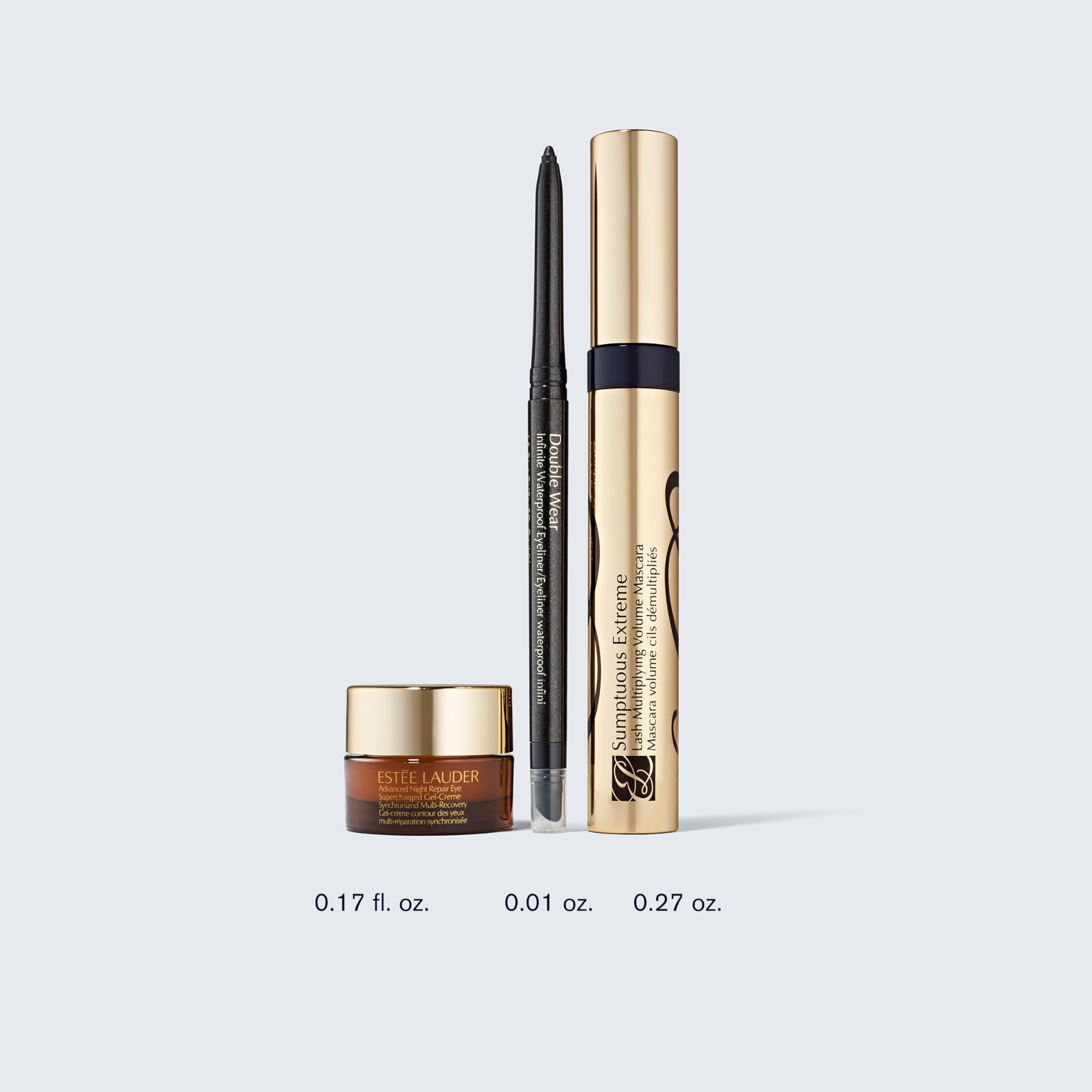 Estee Lauder Double Wear Infinite Waterproof Eyeliner swatches reveal rich black pigment for sharp definition.