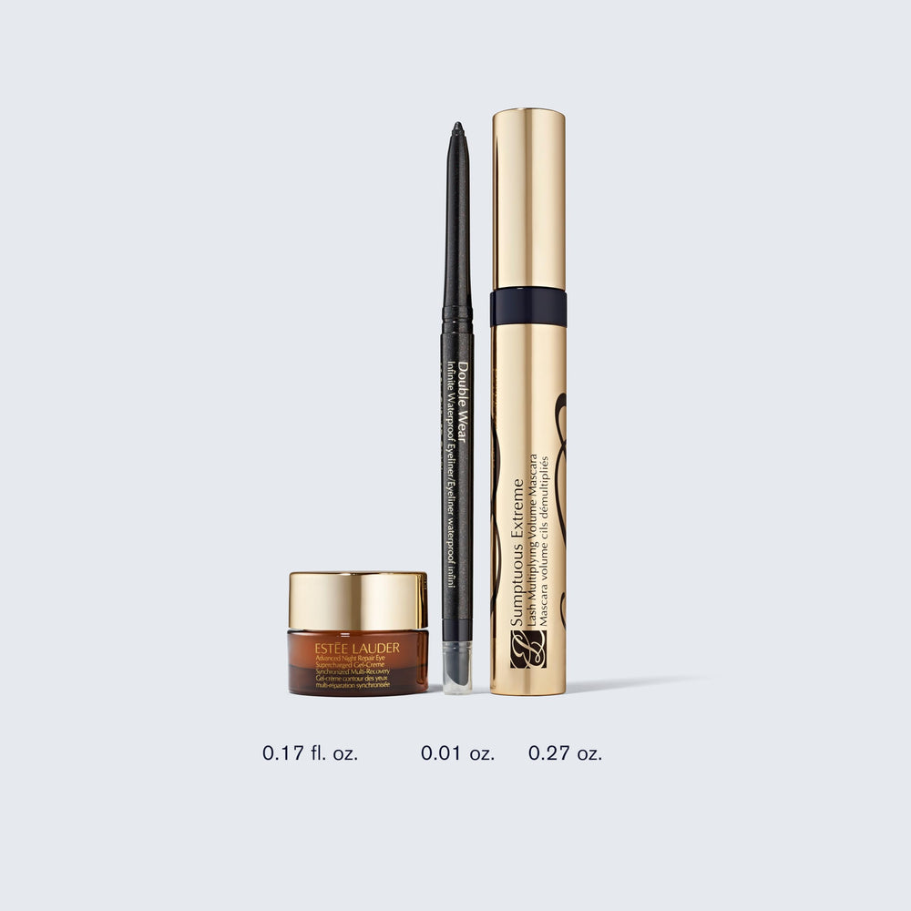 Estee Lauder Double Wear Infinite Waterproof Eyeliner swatches reveal rich black pigment for sharp definition.