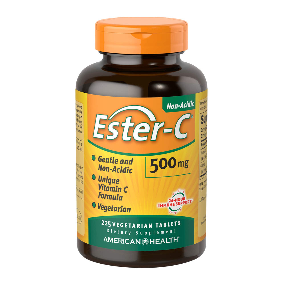 Ester-C American Health 500 mg tablets on label emphasizing gentle stomach tolerance and immune support