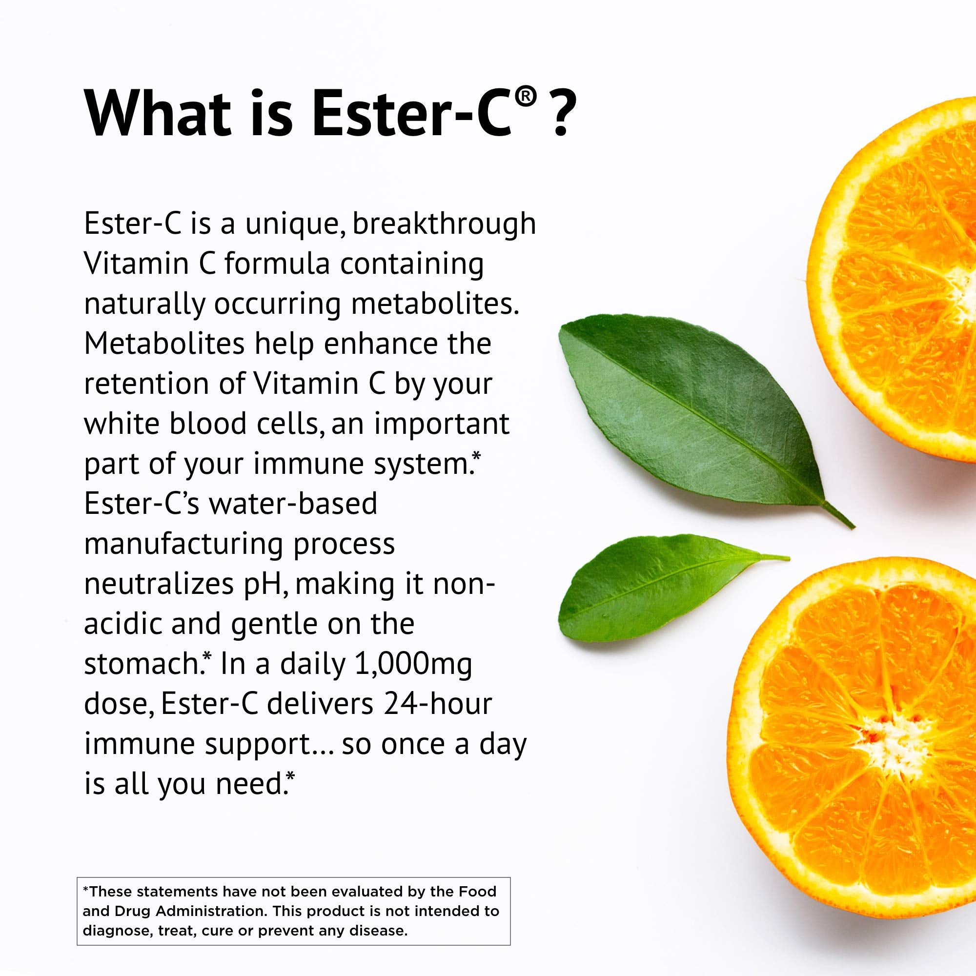 Ester-C bottle close-up highlighting gentle-on-stomach formula