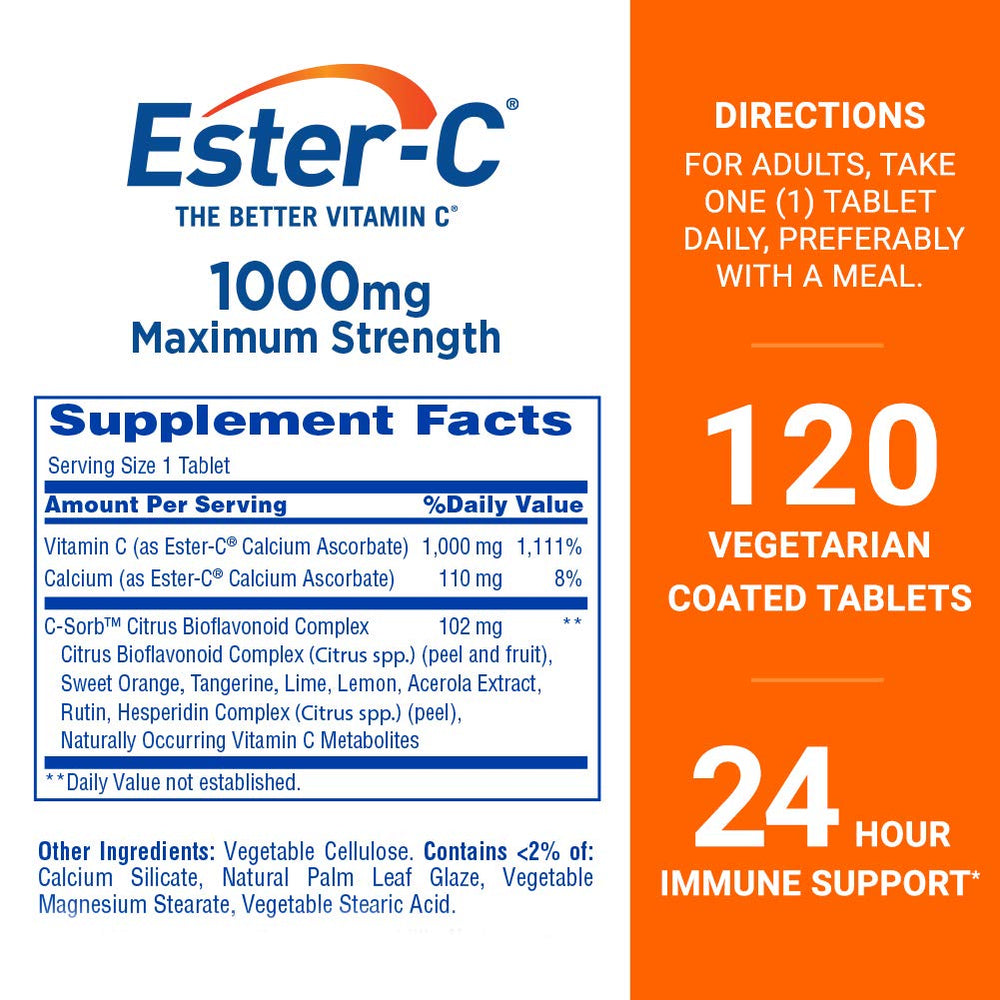 Ester-C 1000mg bottle with label highlights gentle, stomach-friendly vitamin C.