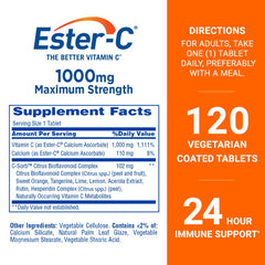 Ester-C 1000mg bottle with label highlights gentle, stomach-friendly vitamin C.