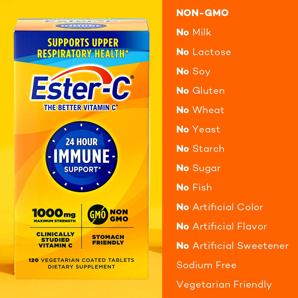 Ester-C 1000mg coated tablets close-up shows easy-to-swallow texture.