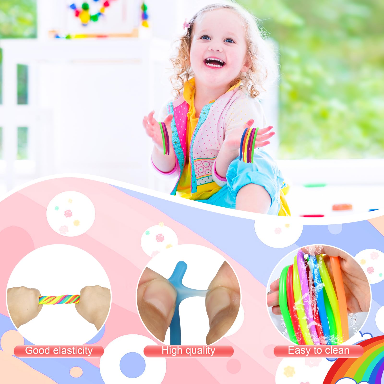 Estimable colorful fidget strings can be woven into fun shapes for creative play