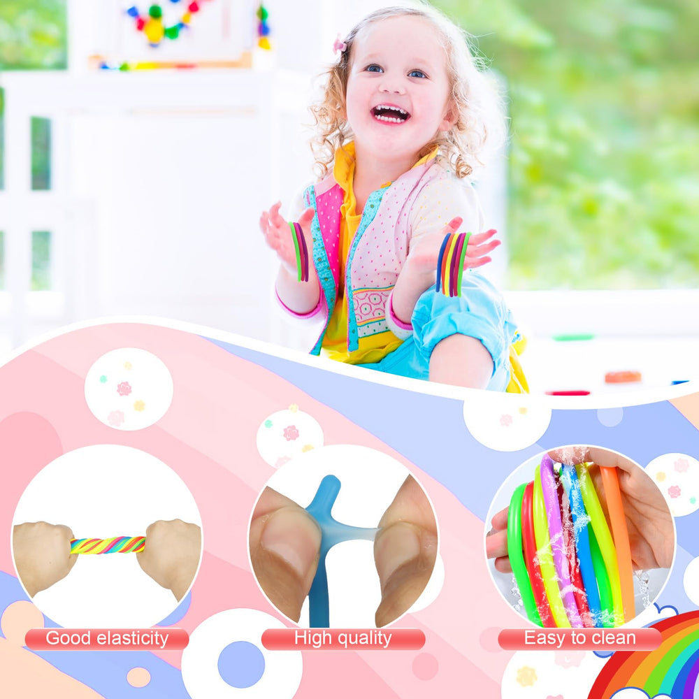 Estimable colorful fidget strings can be woven into fun shapes for creative play