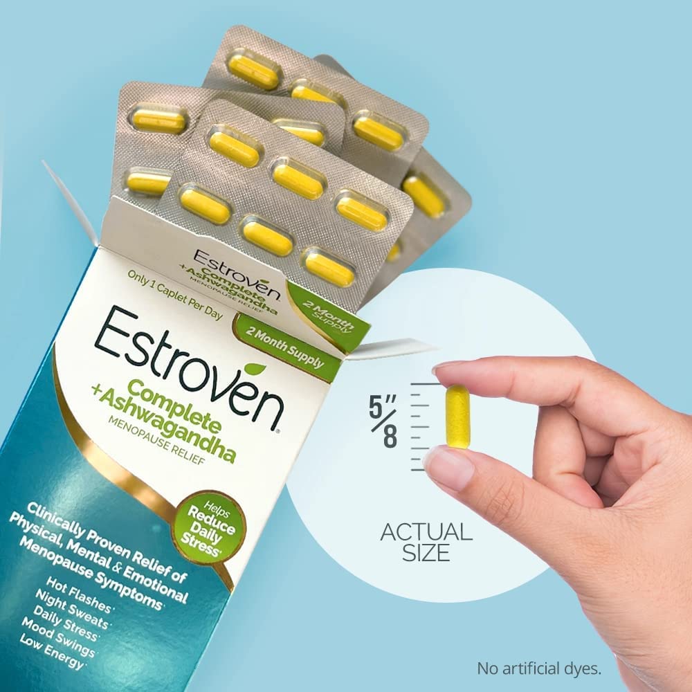 Estroven Complete packaging and label closeup noting allergen-free attributes