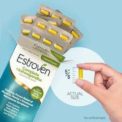 Estroven Complete packaging and label closeup noting allergen-free attributes