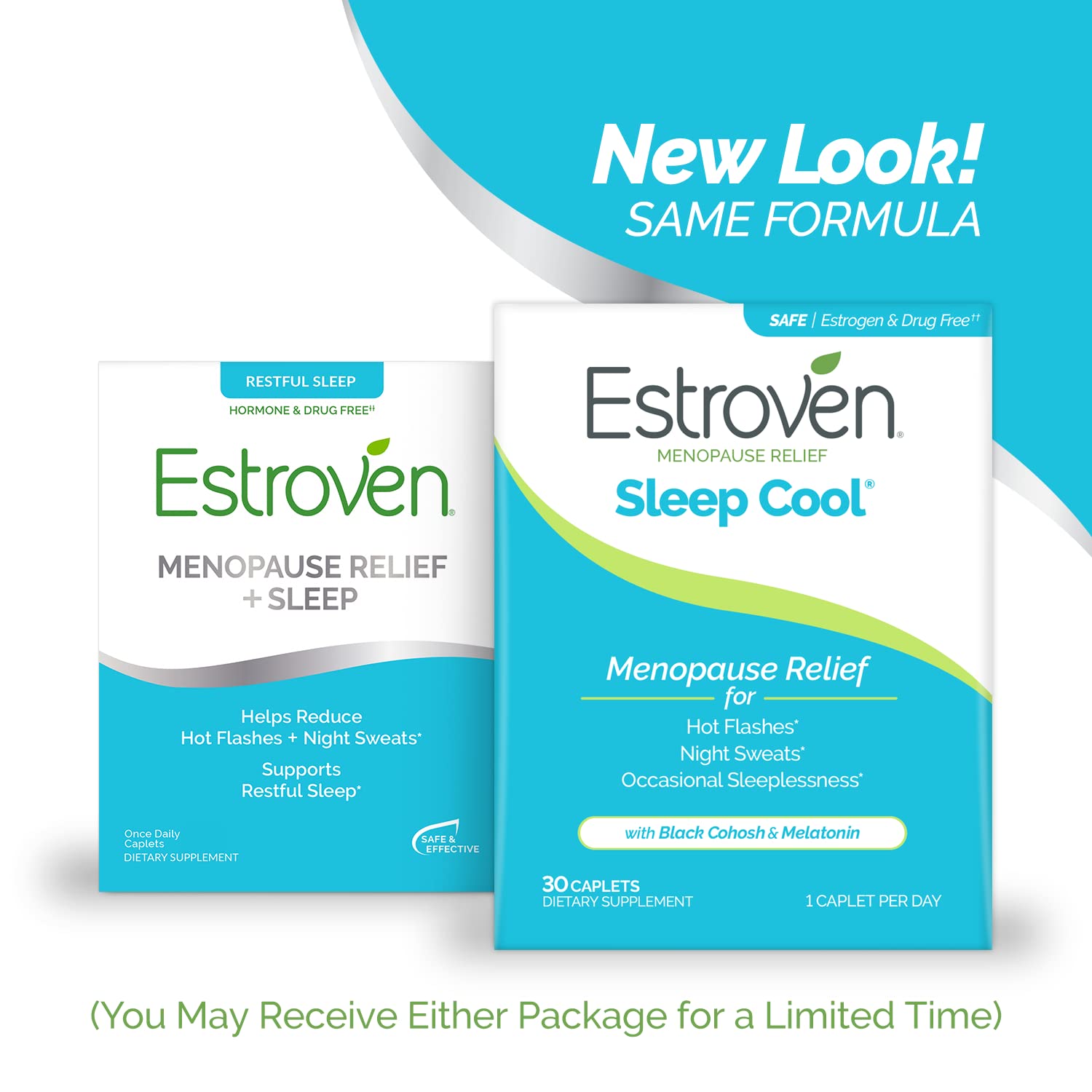 Estroven Sleep Cool bottle at night-use angle suggesting bedtime routine benefits.