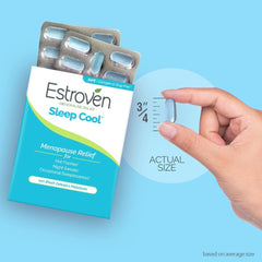 Estroven Sleep Cool melatonin tablet close-up for sleep cycle support.