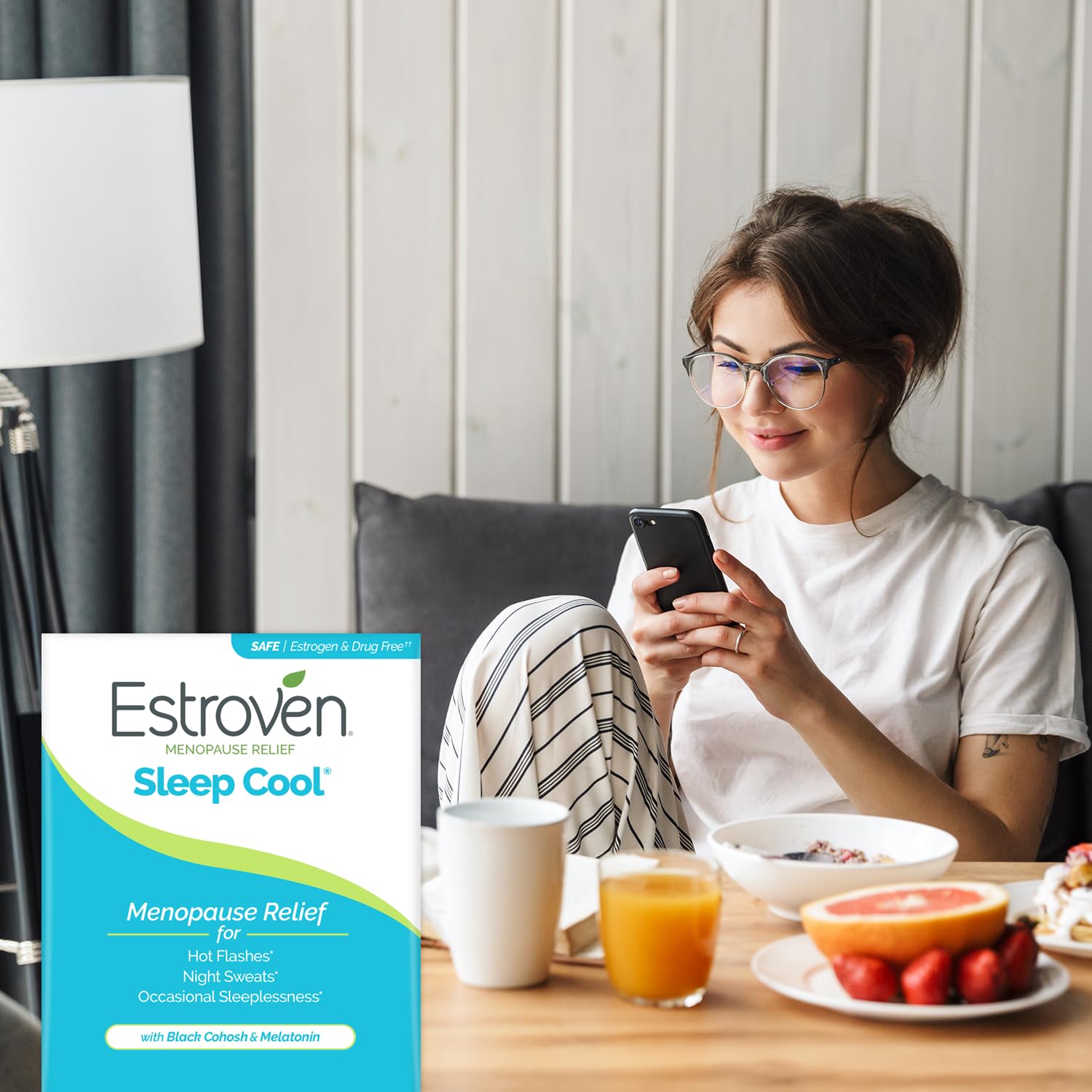 Estroven Sleep Cool soy isoflavones panel hints at symptom relief.