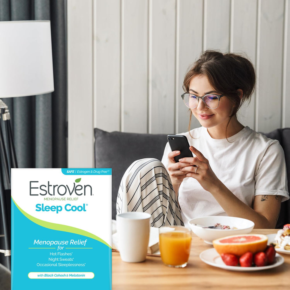 Estroven Sleep Cool soy isoflavones panel hints at symptom relief.