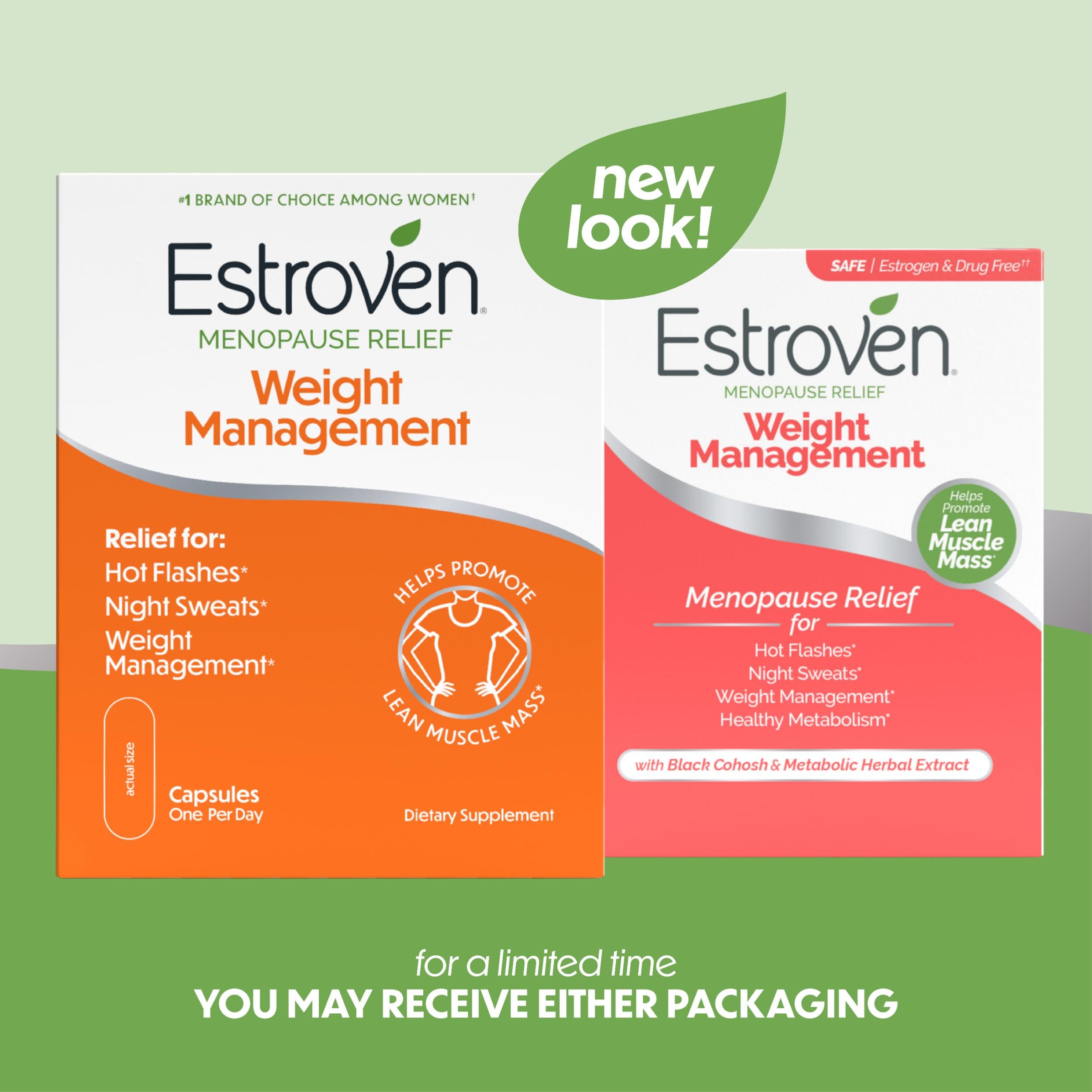 Estroven Weight Management bottle close-up highlighting natural ingredients for menopausal support.