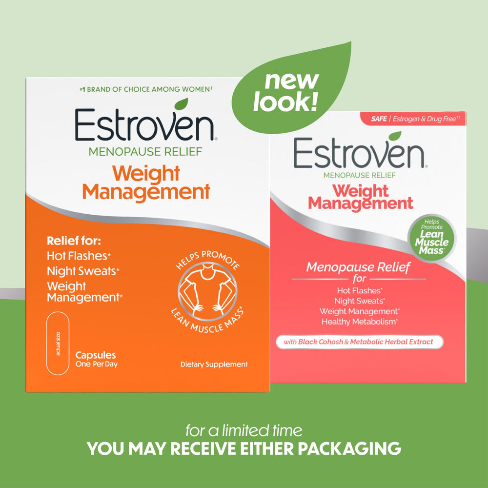 Estroven Weight Management bottle close-up highlighting natural ingredients for menopausal support.