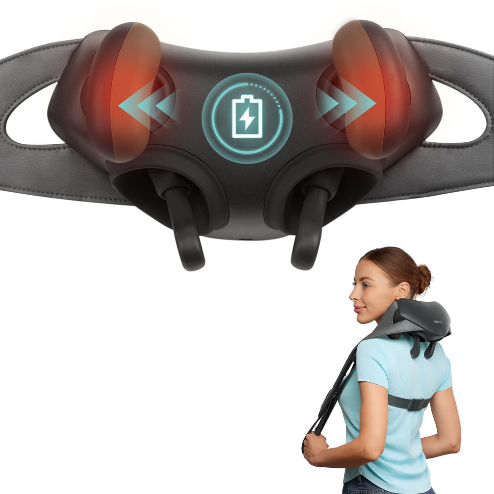 Etekcity Cadeo cordless neck massager worn on the neck for targeted relief.
