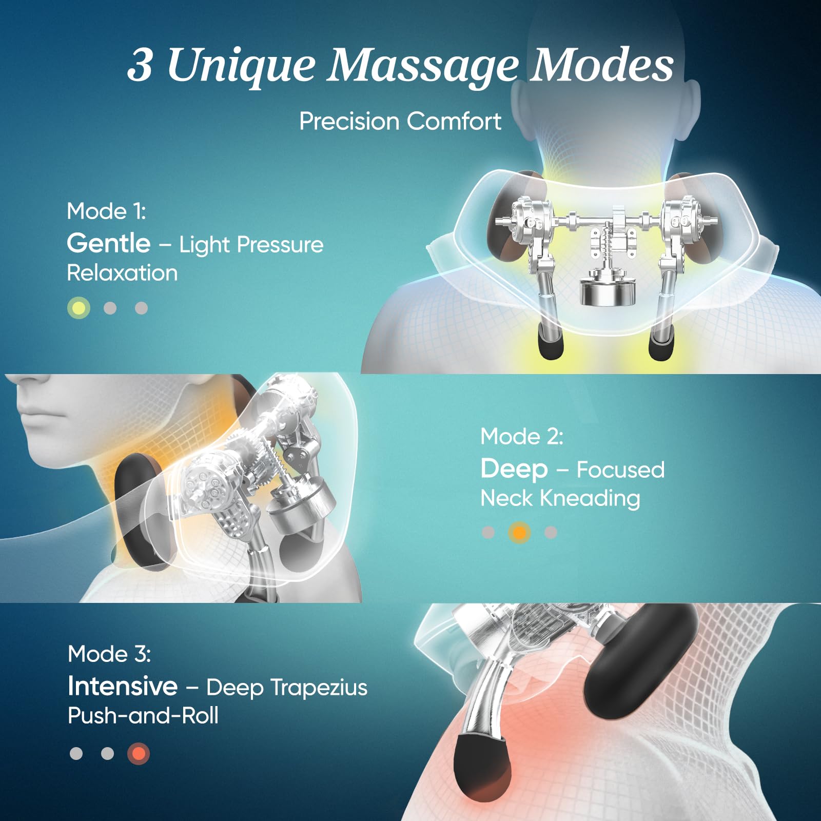 Neck-comfort mode targets neck tension with precise kneading and squeezing.