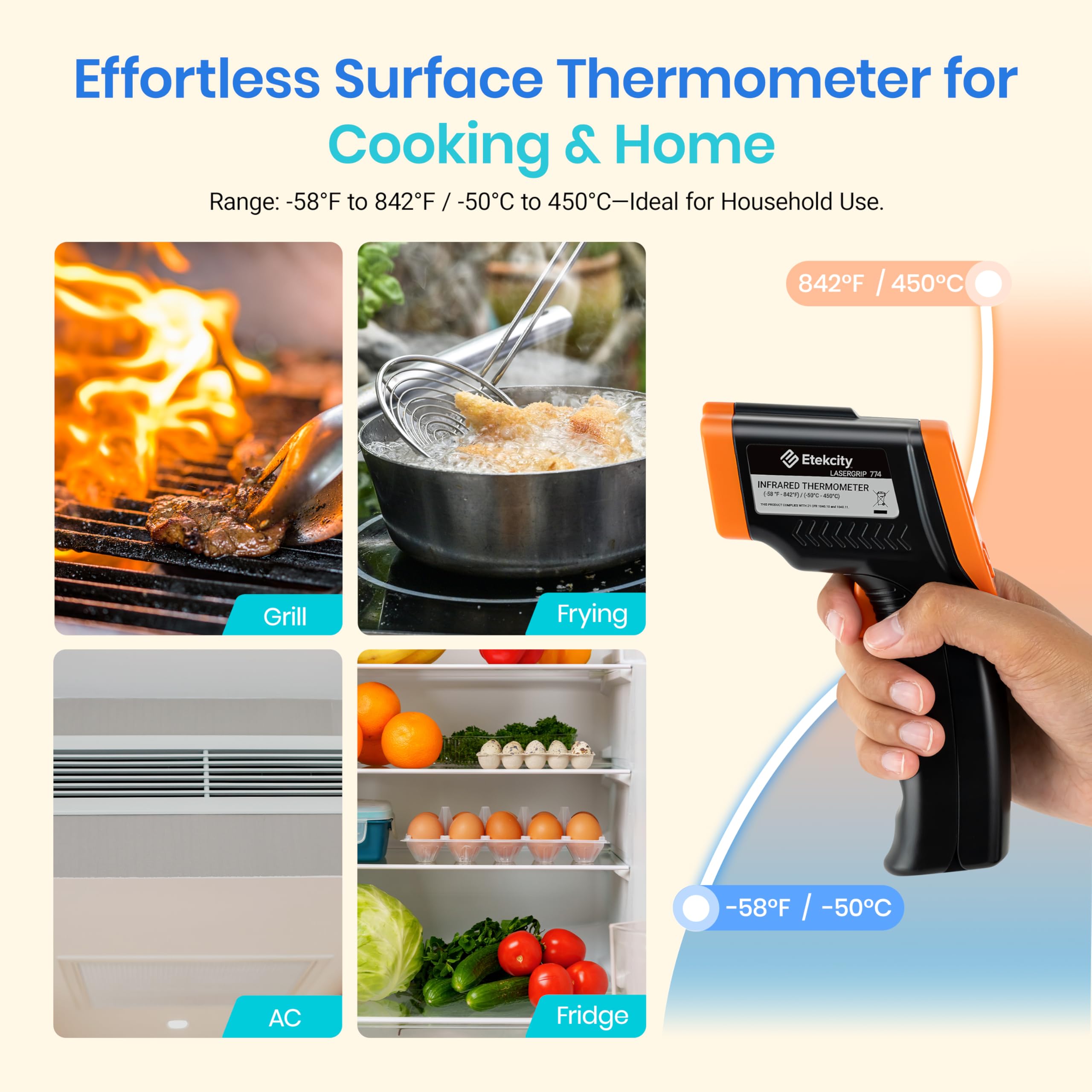 Etekcity Lasergrip 774 checks air-conditioner surface temperature quickly.