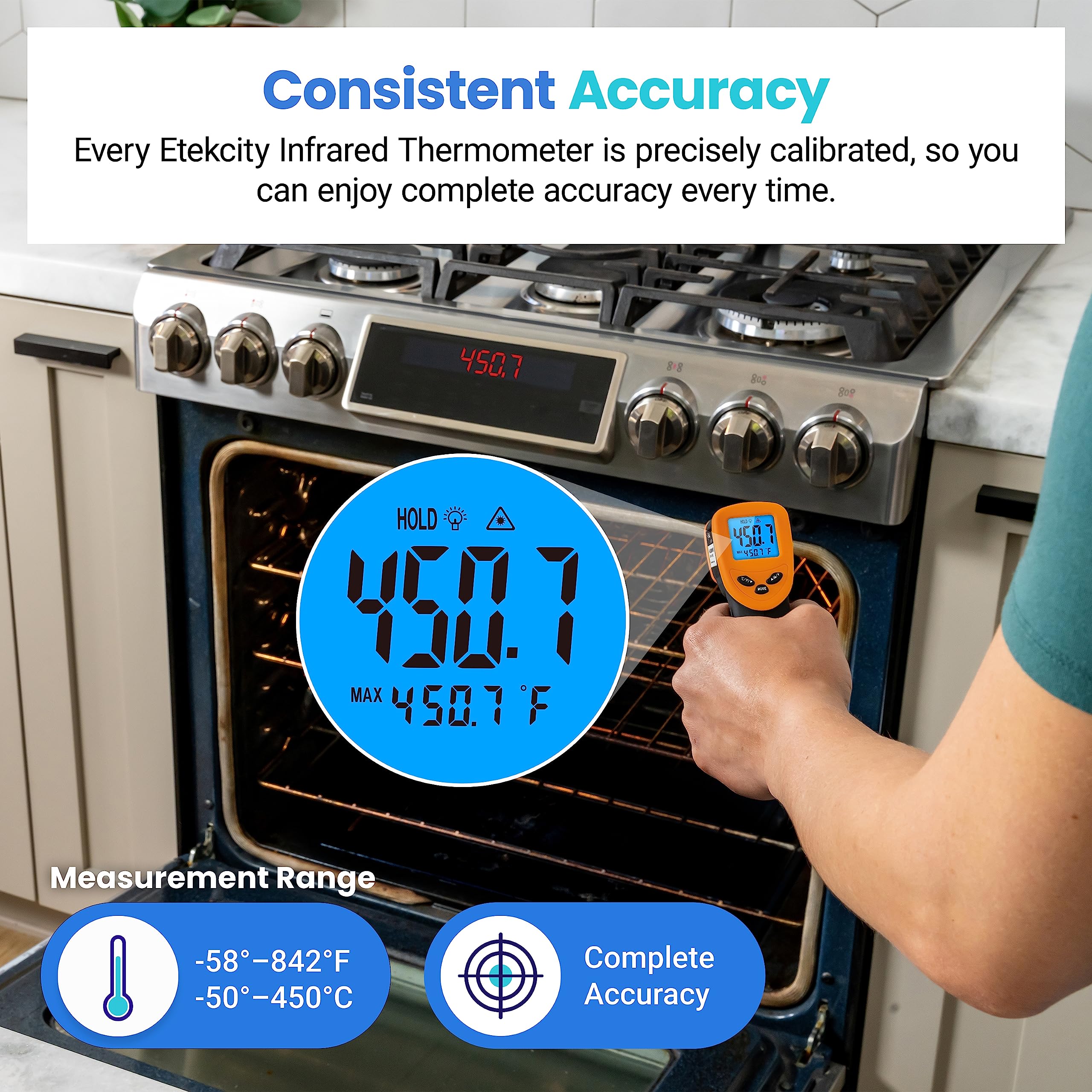 Etekcity Lasergrip 774 tracks refrigerator temperature to prevent spoilage.