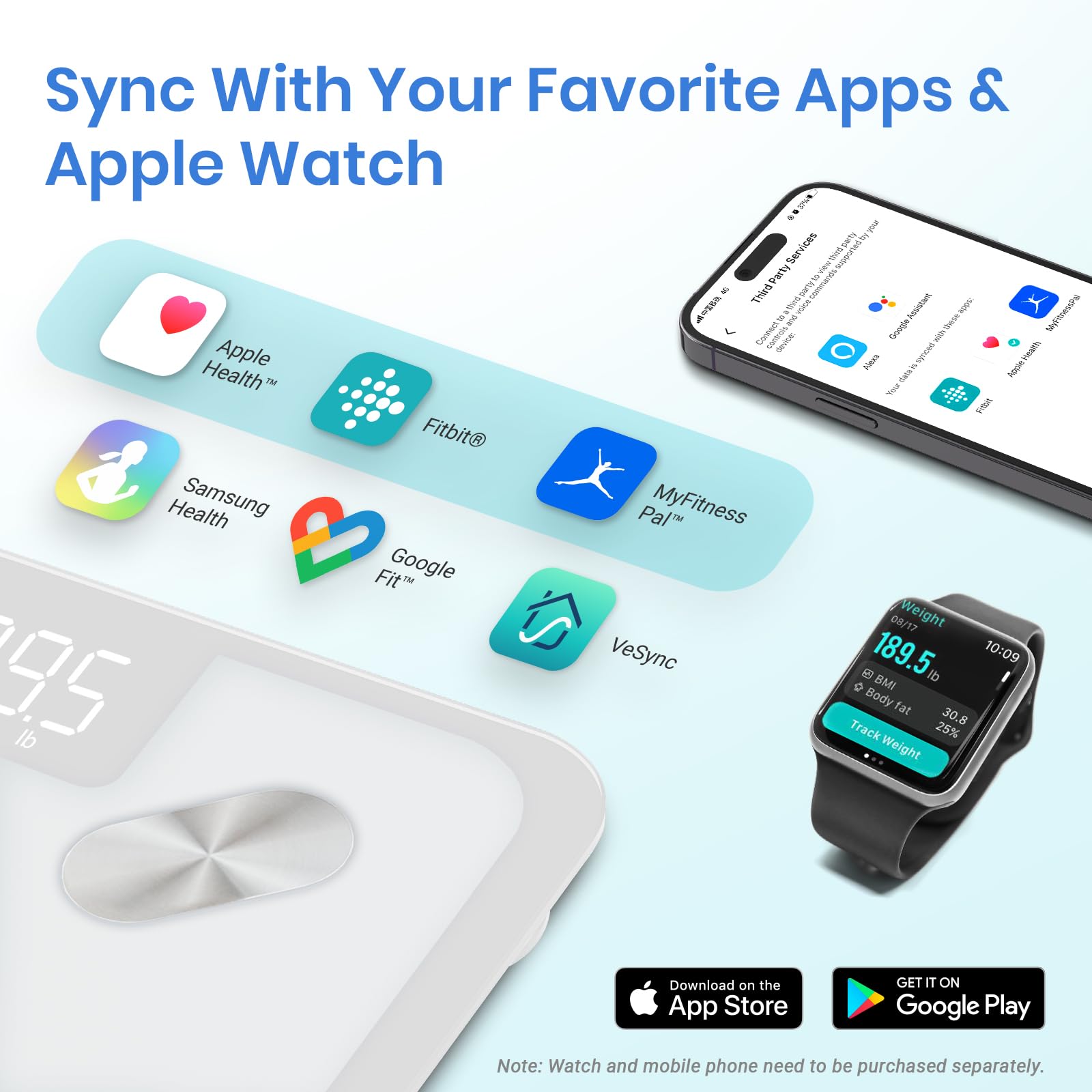 Etekcity Smart Scale syncs with Apple Health for easy data sharing.