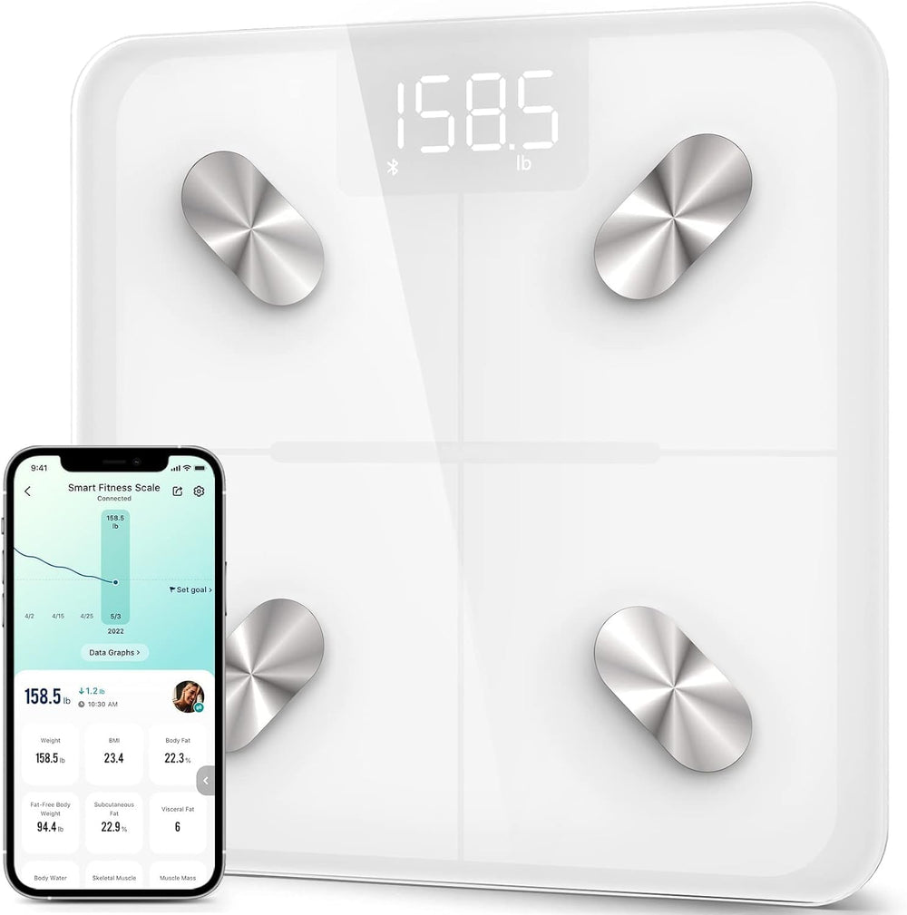 Etekcity Smart Scale shows body weight and fat percentage for precise tracking.