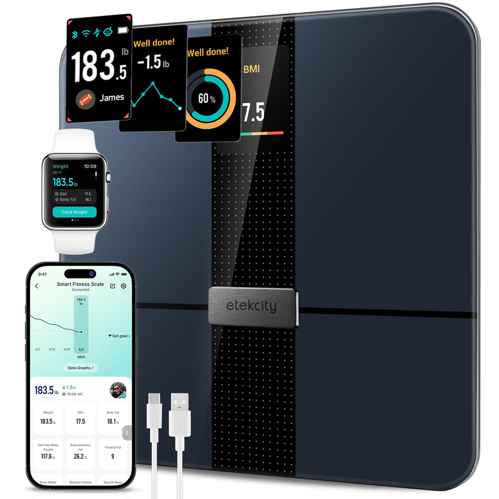 Etekcity smart scale front view with tempered glass surface for precise weigh-ins.