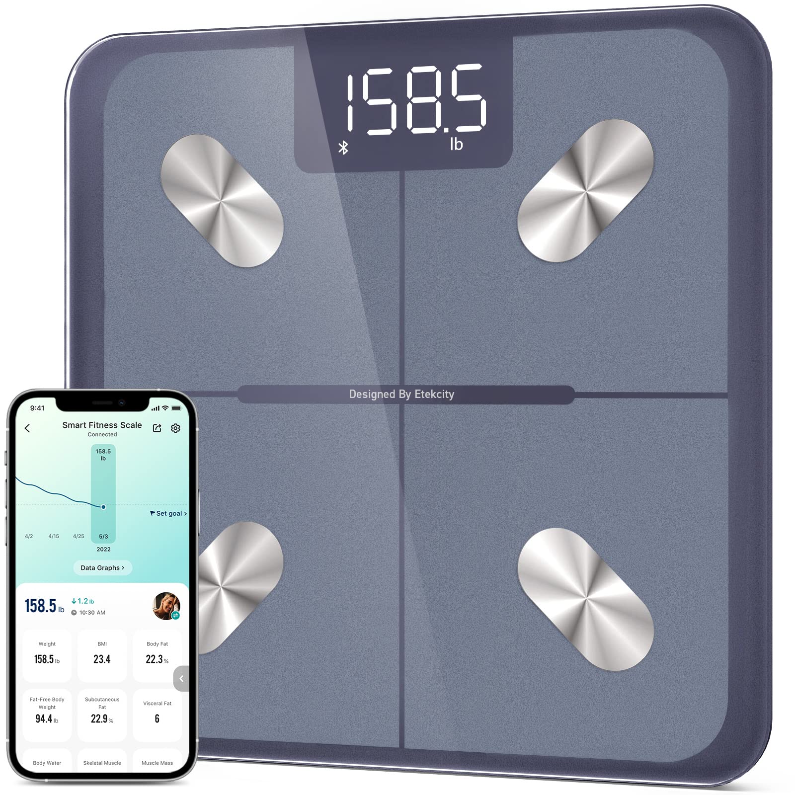 Etekcity Smart Scale front view showing a sleek tempered-glass design for precise readings