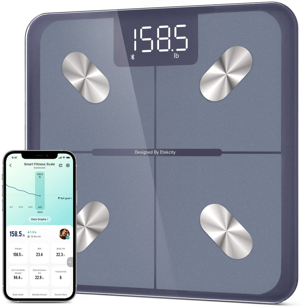 Etekcity Smart Scale front view showing a sleek tempered-glass design for precise readings