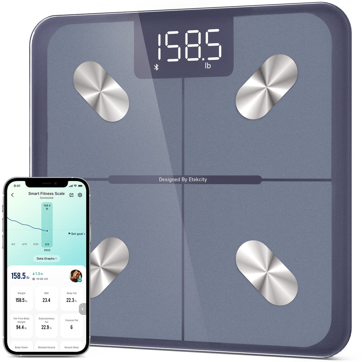 Etekcity Smart Scale front view showing a sleek tempered-glass design for precise readings