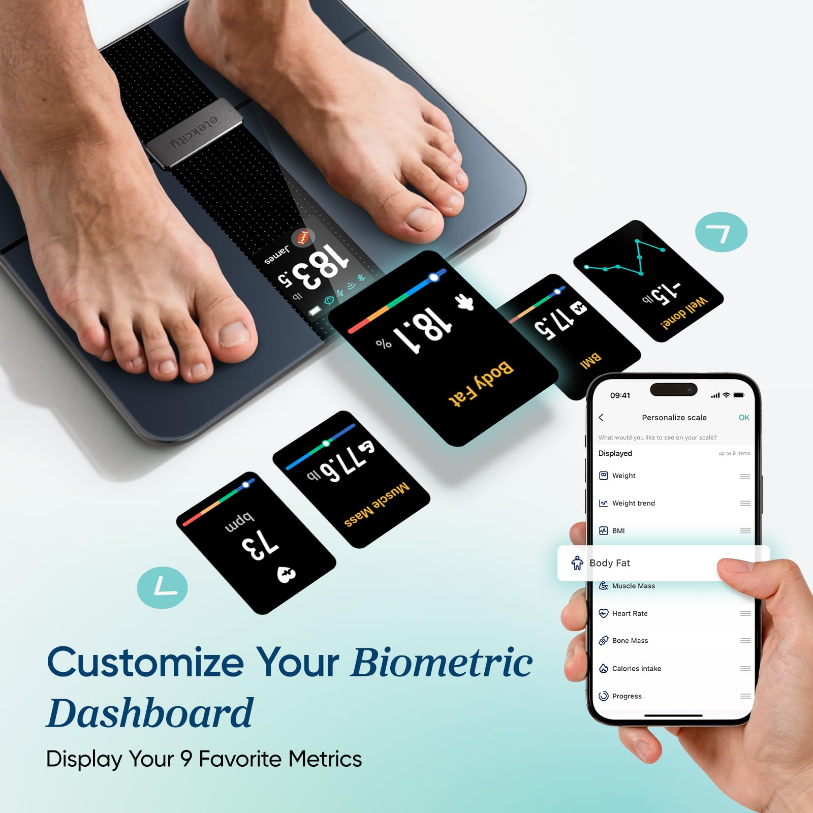 Etekcity VeSync app sync enables cloud backup and goal tracking.