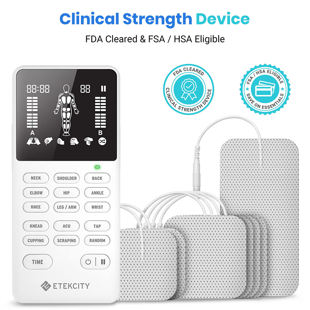 Etekcity TENS 4-channel unit side view showcasing compact design for busy days