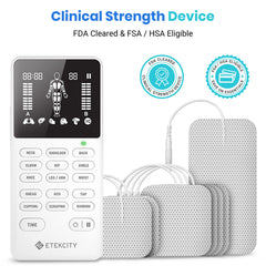 Etekcity TENS 4-channel unit side view showcasing compact design for busy days