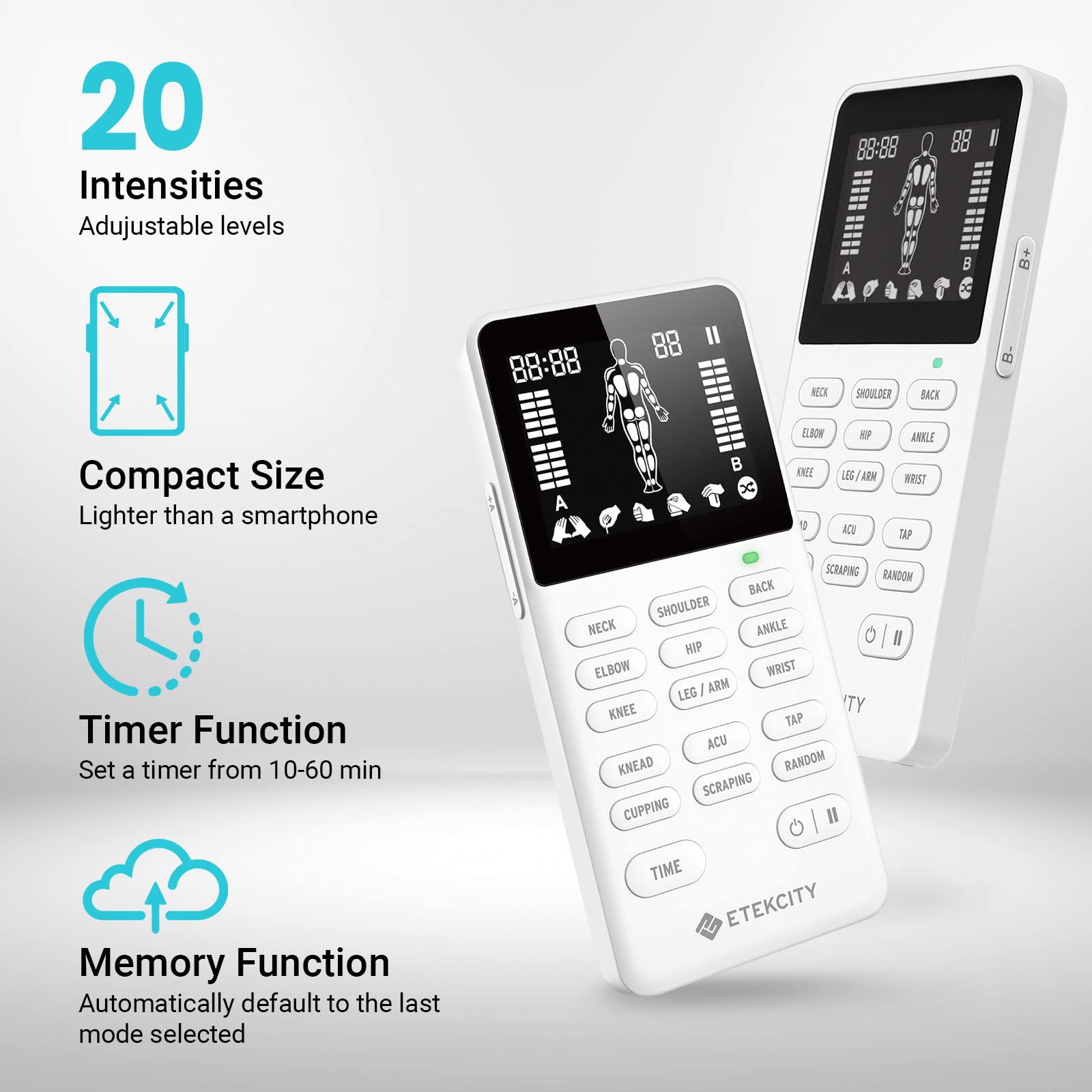 Etekcity TENS unit being used on back and shoulders for versatile therapy
