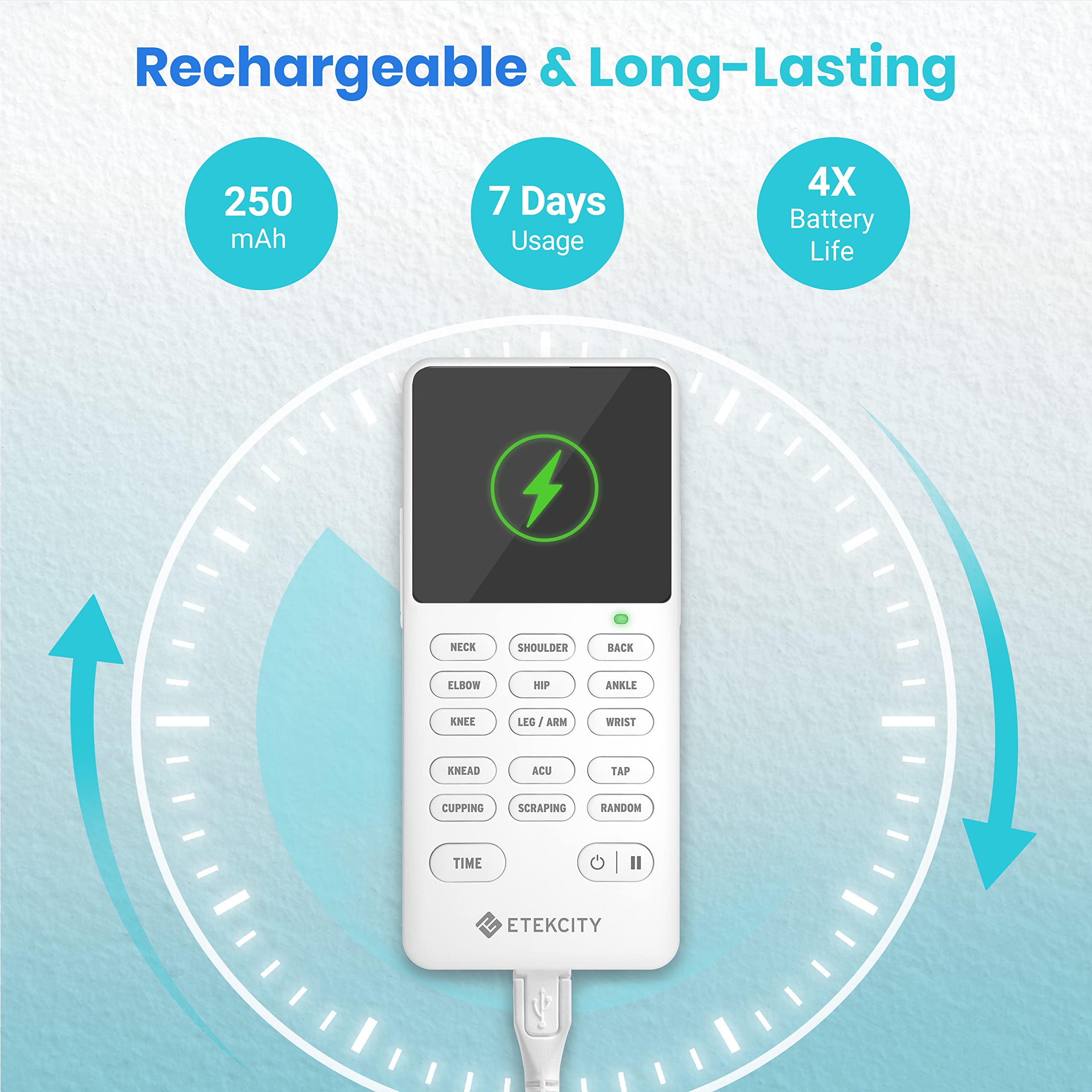 Etekcity TENS USB charging port highlighting long-lasting battery power
