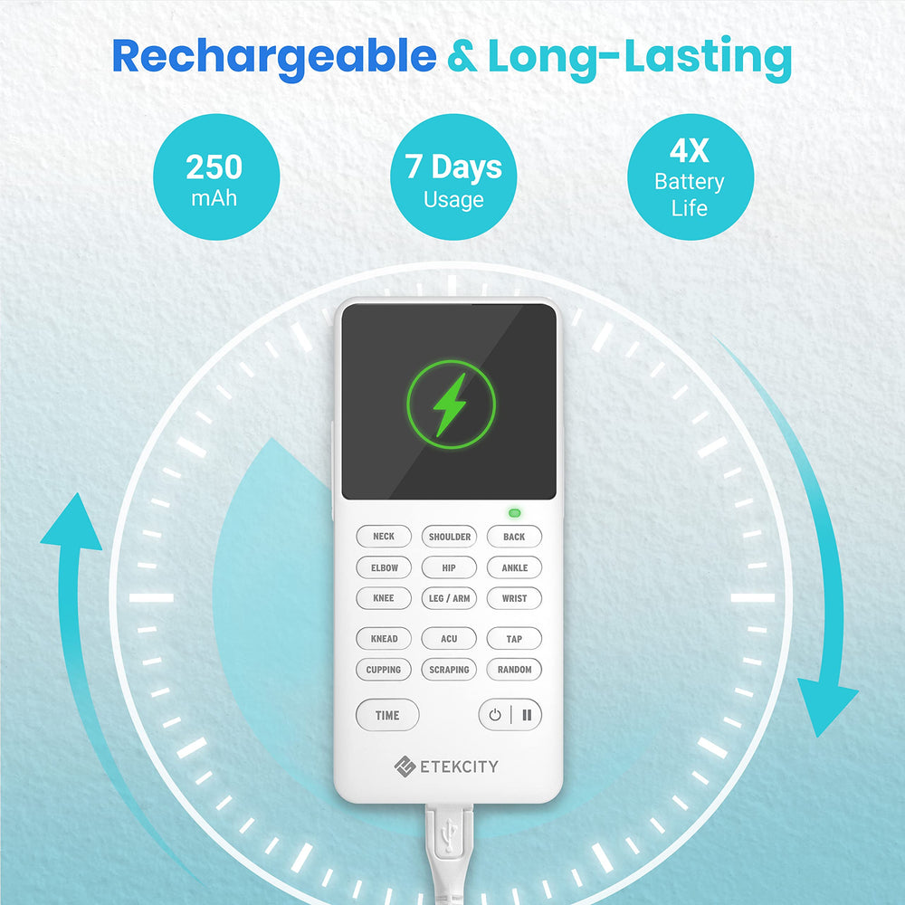 Etekcity TENS USB charging port highlighting long-lasting battery power