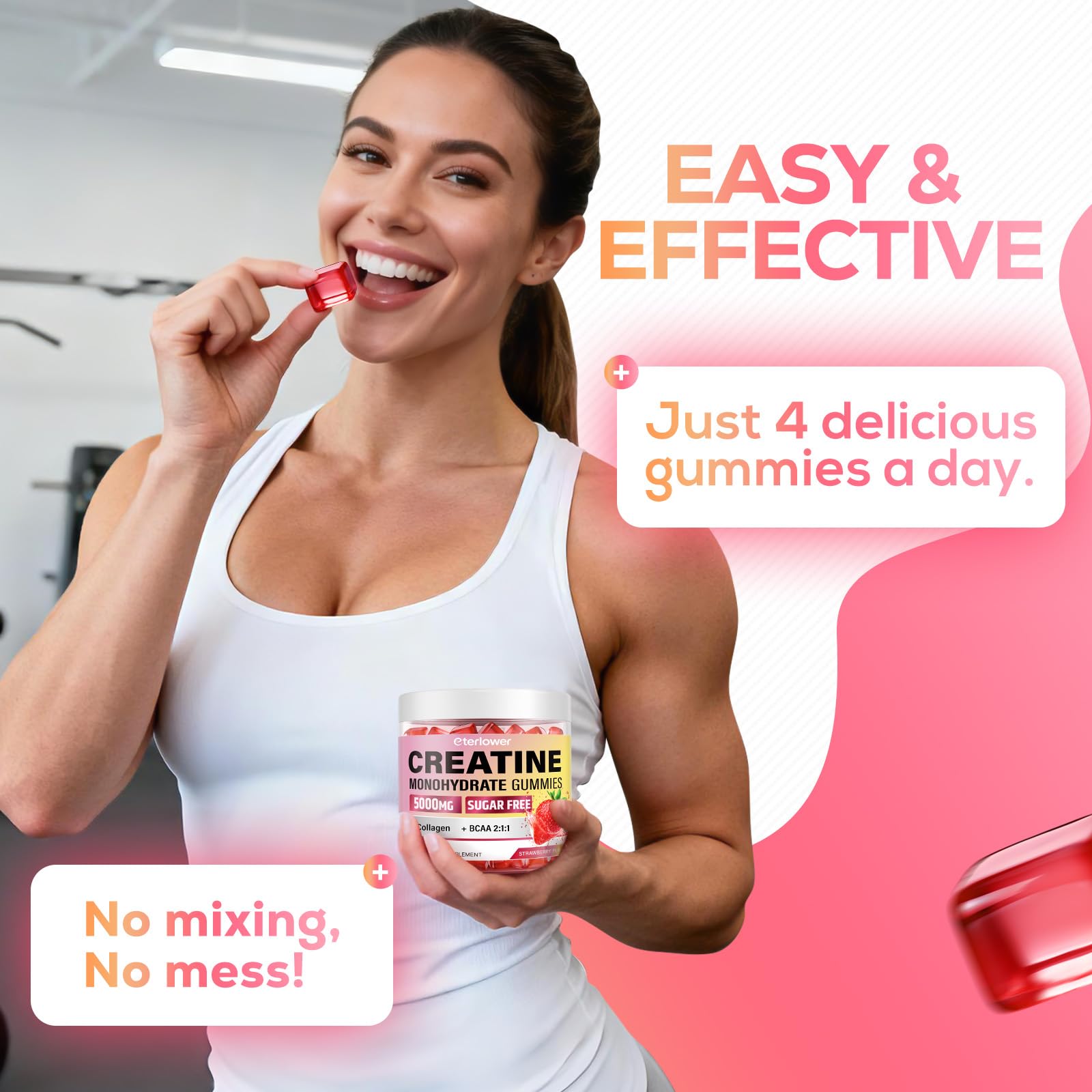 eterlower Creatine Gummies ingredients panel highlighting BCAA and collagen