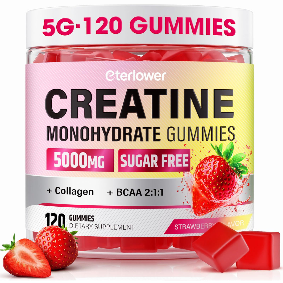 eterlower Creatine Gummies strawberry chew ready before workouts for a tasty boost
