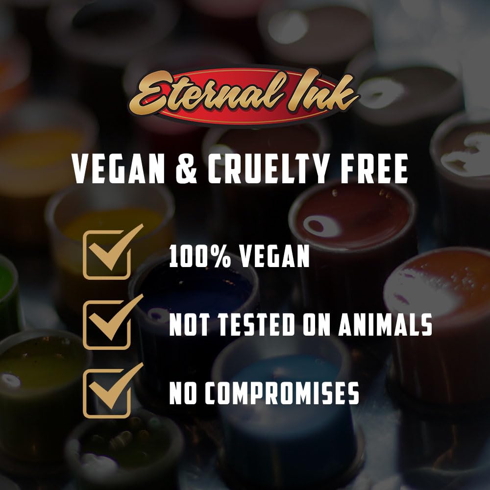 Eternal Ink vegan and skin-safe ingredients promote a clean tattooing experience.