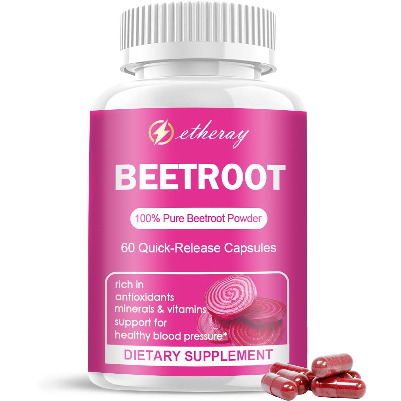 Etheray Beet Root Capsules on white background for easy daily intake.